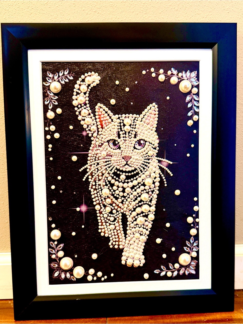 Framed Pearl Cat Wall Art | Crystal Embellished Mixed Media | 18” x 14” - Picture 3 of 10